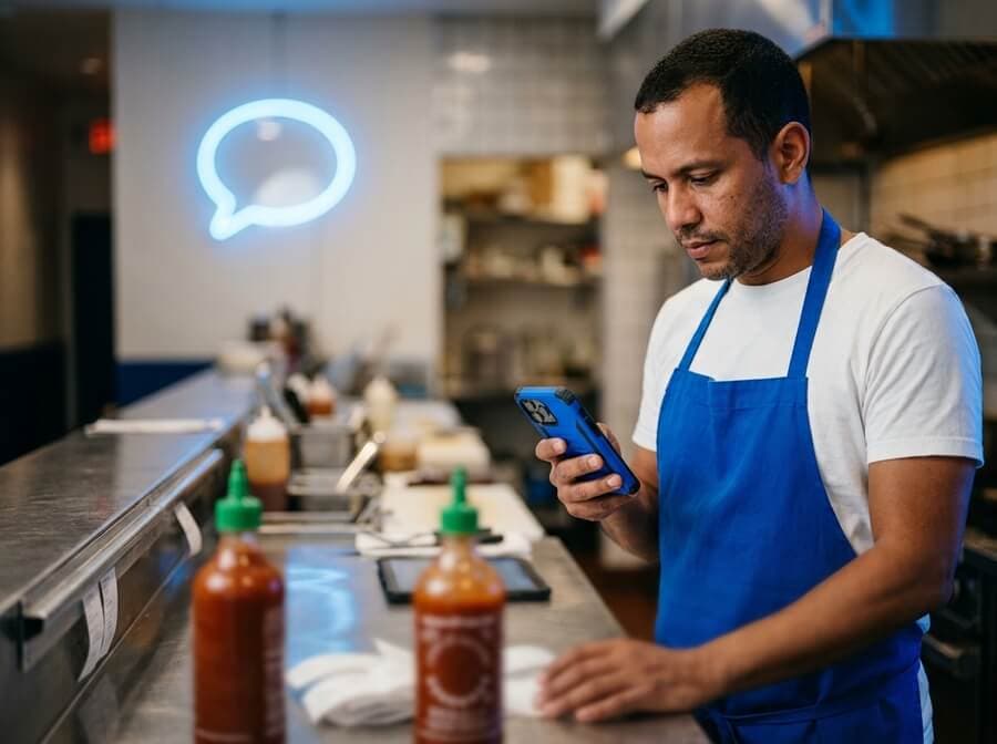 Trabajador de un restaurante con delantal azul revisando su teléfono detrás del mostrador de la cocina
