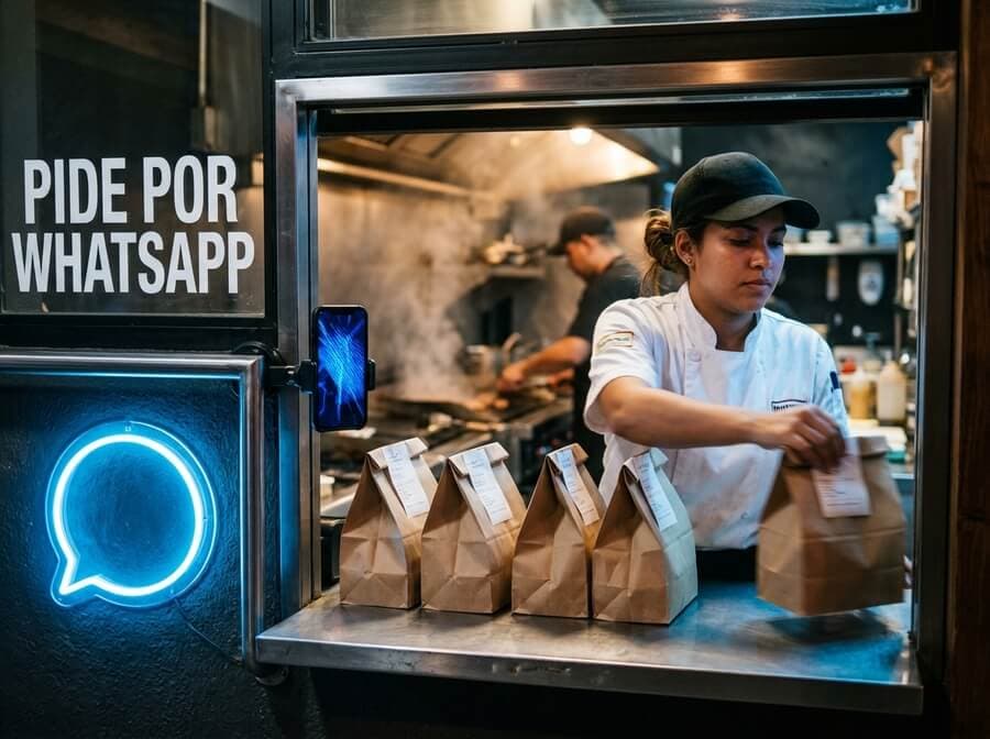 Pantalla de WhatsApp mostrando la conversación de un pedido de hamburguesa confirmado en un restaurante