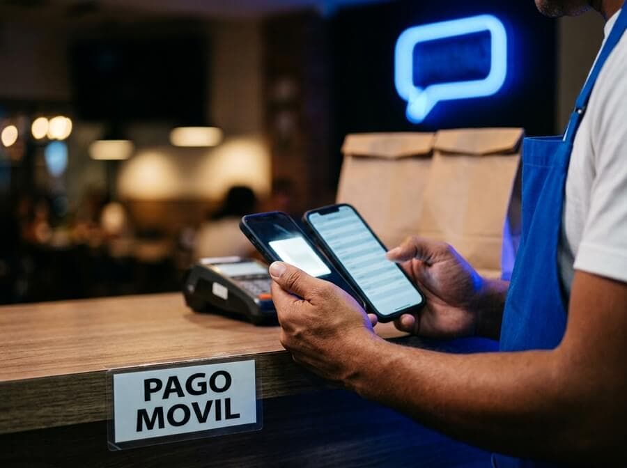 Empleado de un restaurante comparando la captura de un pago móvil en el celular contra el monto del pedido