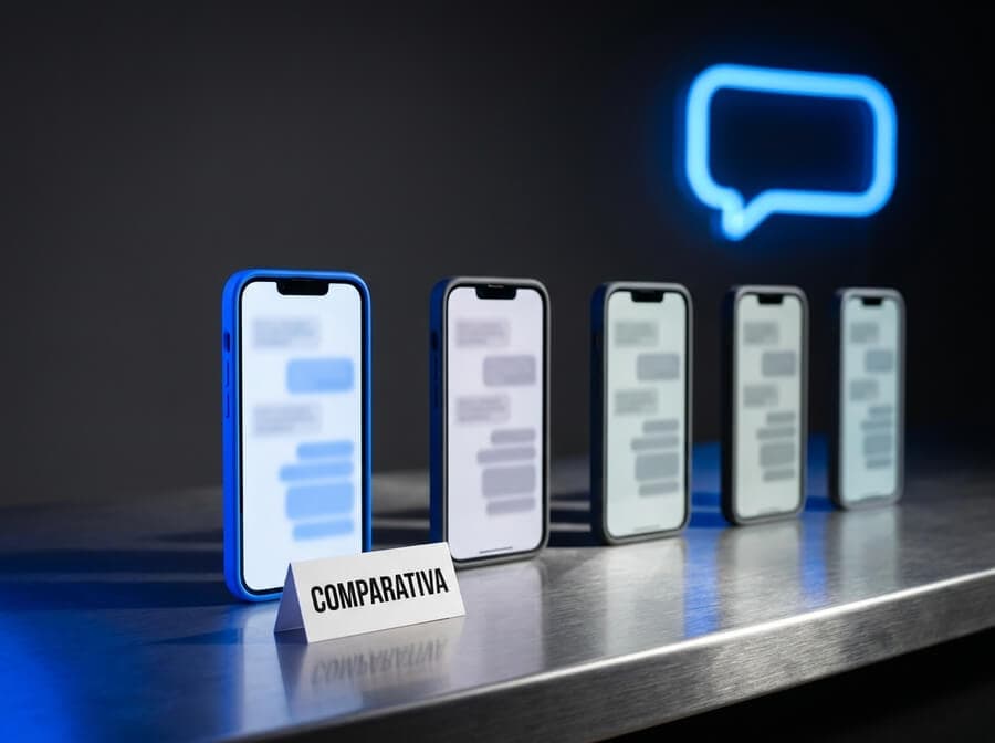 Cinco teléfonos en fila mostrando la conversación de WhatsApp de un pedido de restaurante en Waicom, Nely, Wink, OlaClick y PideFácil